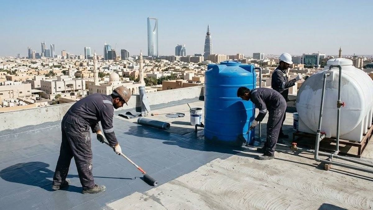 تنفيذ عزل مائي لسطح مبنى بالرياض مع خزانات المياه